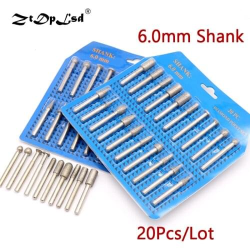 20PCS 6MM Shank Diamond Grinding Head Set Coated Carving Burrs Rotary Tool Bit For Heads Sanding Needles Rod Bur Cutting Die