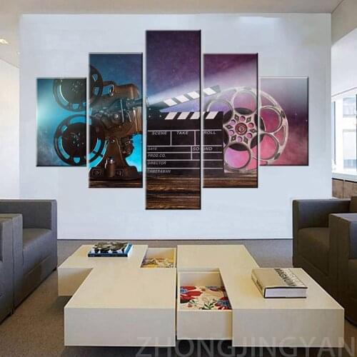 5 Piece Canvas Wall Art Vintage Film Clapper Paintings for Living Room Purple Movie Projector Picture Old Cinema Artwork House D