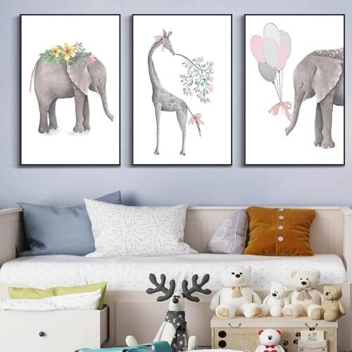Elephant Giraffe Squirrel Fox Childrens Room Decoration Hanging Painting Animal Print Modern Cartoon Animal Panda Raccoon