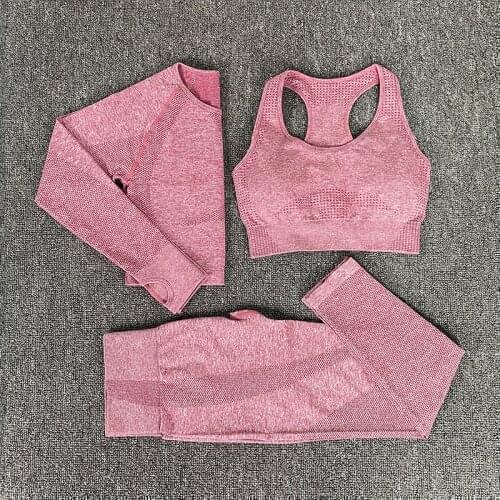 Seamless 3pcs Women Yoga Suit Long Sleeve Crop Top Yoga Bra Shorts Shirts High Waist Running Leggings Workout Yoga Sets