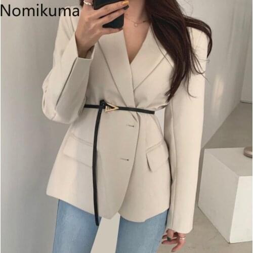 Nomikuma Blazers Short Women Tops 2020 Autumn Korean Belt Slim Waist Suit Jacket Long Sleeve Turn Down-collar Coat 6B966
