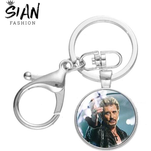 SIAN Hot Johnny Hallyday Keychain Punk Rock Super Star Photo Glass Lobster Clasp Key Chain Car Key Holder for Men Women Souvenir