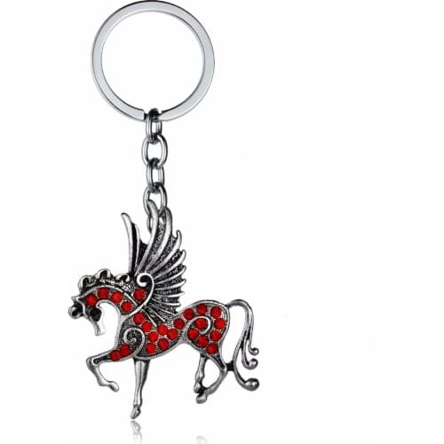 12PC/Lot Delicate Horse Wings Keychain Red Crystal Rhinestone Pegasus Keyring Animals Key Chains Rings Women Men Gifts Jewelry