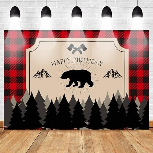 Lumberjack Birthday Theme Backdrop Rustic Woodland Birthday Background Buffalo Plaid Birthday Party Banner Decoration Bear Photo