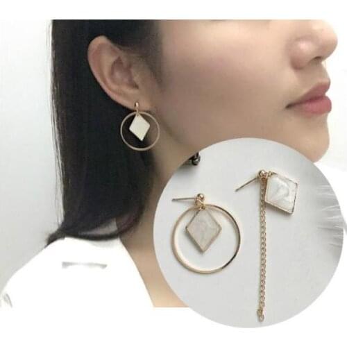 Ex369 Europe Fashion Vintage Asymmetry Alloy Geometric Circle Square Tassel Chain Earrings Jewelry Accessories