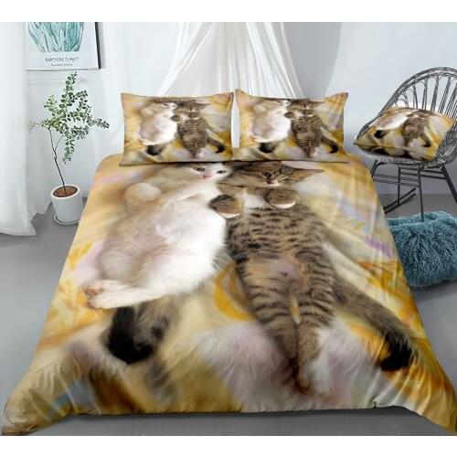 3D Cat Duvet Cover Set Cute Pets Lying Beside Bedding Set Sleepy Animals Pattern Quilt Cover Queen King Size Kids Baby Bed Lines