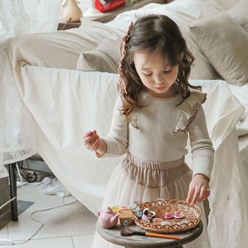 Korean girl Ruffled sweet Knitted top bottomed base shirt Solid color Long sleeve stripe T-shirts Children clothing