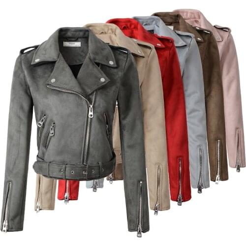 2020 New Arrial Women Autumn Winter Suede Faux Leather Jackets Lady Fashion Matte Motorcycle Coat Biker Gray Pink Beige Outwear