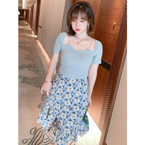 High quality Sexy irregular neckline nail bead chain collarbone summer new knitted T-shirt