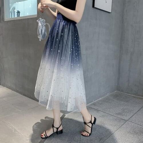 Summer Womens Skirt Harajuku Fashion Sequins Hot Silver Mesh Gradient Color Puff Skirt Large Size Festive Pleated Mini Skirt