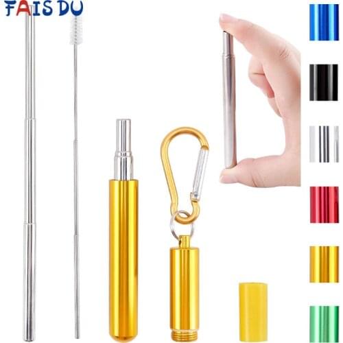 Reusable Drinking Straw Collapsible Stainless Steel Telescopic Portable Travel Keychain Straws Camping Supplies Cleaning Brush