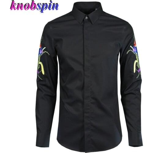 2019 Brand Men Shirt Fashion Flower Embroidery long Sleeve Solid Slim Chemise homme high quality 100% Cotton shirts Camisas