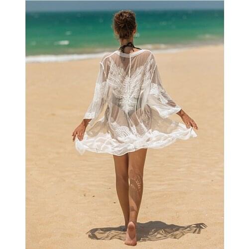 Bikini Cover Up Pareo Swimsuit Sex V-neck Solid Lace Praia 2021 Long Beach Dresses for Women Playa Robe De Plage Ladies Dresses