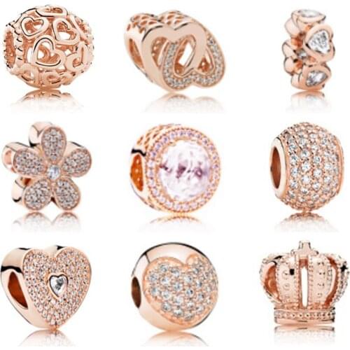 NEW Fashion CZ Paved Bead European Rose Gold Fits Silver Charm Bracelet Sterling Silver S925 Original Beads For Jewelry Making