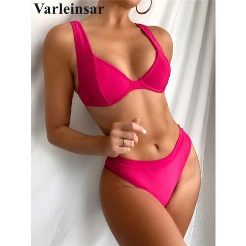 2021 New Sexy Underwired Bikini Female Swimsuit Women Swimwear Two-pieces Bikini set Mid Waist Bather Bathing Suit Swim V2841