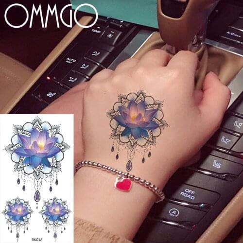 OMMGO Lotus Henna Mehndi Flower Temporary Tattoo Sticker Pendant Chains Custom Tato Body Art Arm Wrist Fake Tatoo Watercolor