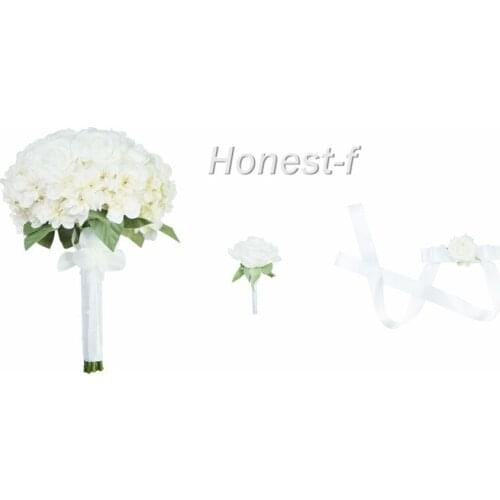 Original Artificial Graceful White Rose Bouquet with Groom Corsage and Brides Wrist Flower for Wedding, Party Decoration