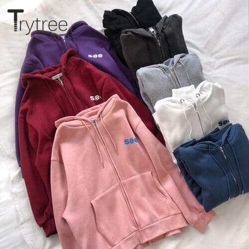 Trytree 2020 Autumn Winter Hooded Women Casual Coat Zipper Solid 8 Colors Pockets Letter Fashion Loose All-Purpose Style Coat