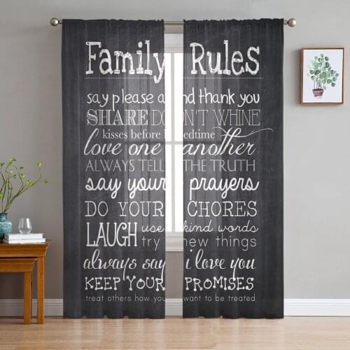 Black White Family Rules Blackboard Sheer Curtains for Living Room Modern Voile Curtain Bedroom Tulle Curtains Window Drapes