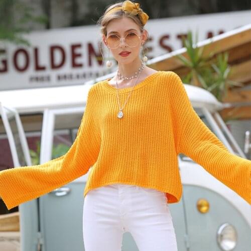 Women Casual Oversized Flare Sleeve Knitted Sweater O-neck Solid Color Yellow Loose Ladies Tops Women Sweater Autumn Pullovers