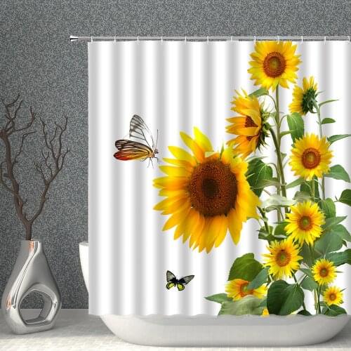Sunflower Full Of Vitalit Yellow Flowers Green Leaves Shower Curtain Set Waterproof Polyester Fabric Bath Curtains With Hooks
