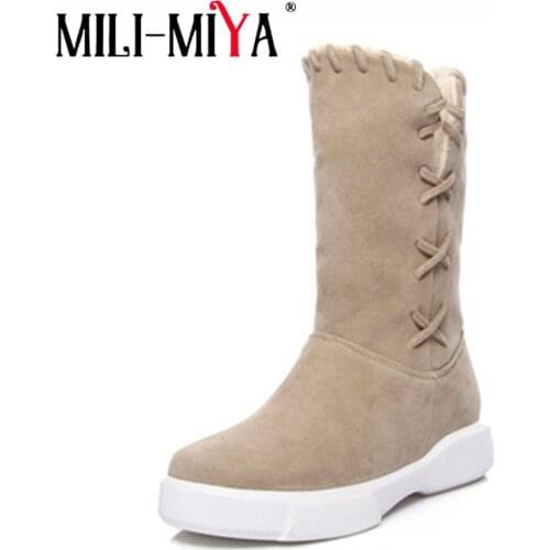 MILI-MIYA New design Women Mid calf Boots Flat Heels Autumn Early Winter Warm slip on Boots Shoes Big Size 35-43 Free Shipping