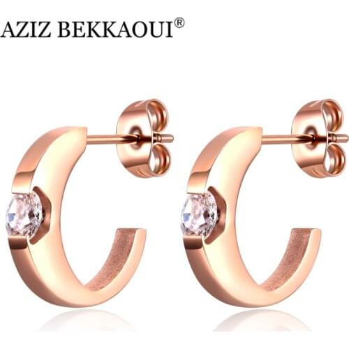 AZIZ BEKKAOUI Sweet European Rose Gold Color Arc Stud Earrings For Women Crystal Earrings Stainless Steel Jewelry Lovely Gifts