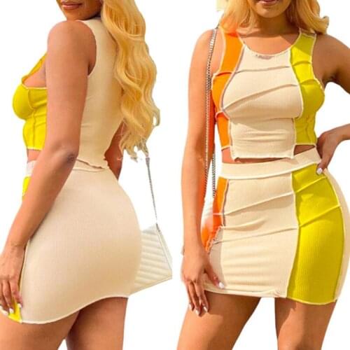 Womens Sexy Vest and Skirt Suit Fashion Contrast Color Cropped Tops and Skinny Short Skirt Summer 2021 Daily Wear