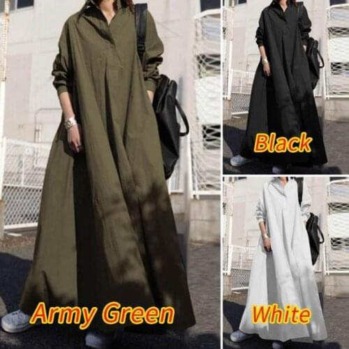 Dresses for Women 2021 Cotton and Linen Pure Color Stand Collar Long-sleeved Simple Vintage Loose Casual Long Shirt Dress