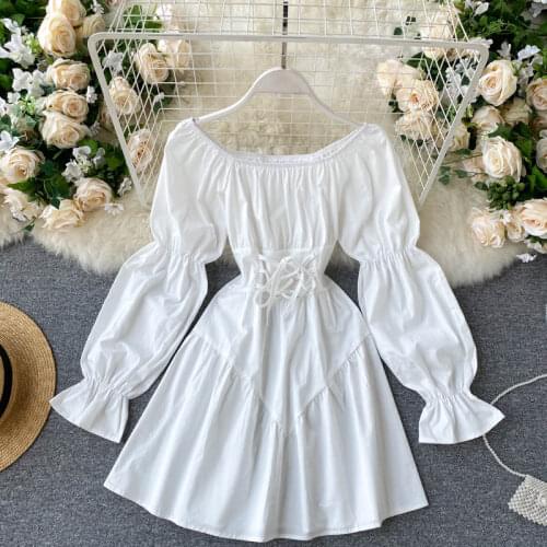 Women Autumn Sexy Slash Neck Two Side Wear Puff Sleeve Dress Nipped Waist Slim Fit Japan Style Mini Dress Female Vestidos GK485