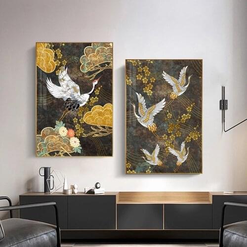 Crane Auspicious Cloud Flower Bird Gold Retro Poster Art Canvas Painting Printing Living Room Home Decoration Japanese Murals