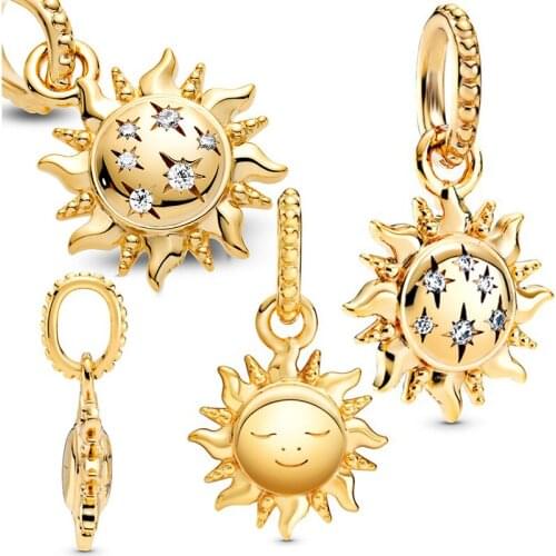 Boho Gold Sun Flower Pendant DIY Fit Original Pan Charms Bracelet Women Clear CZ Smiley Golden Sunshine Beads for Jewelry Making