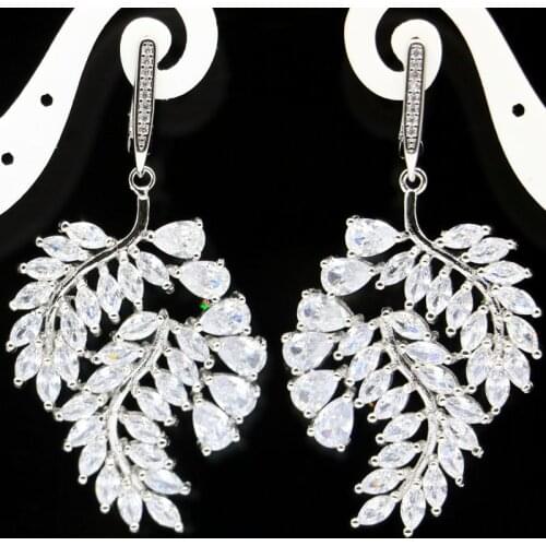 54x28mm Deluxe Big Leaf Created White Bright Cubic Zircon Womans Wedding Silver Earrings