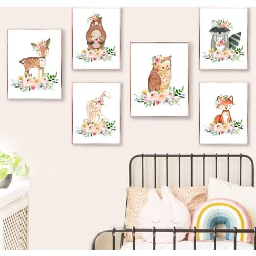 Watercolor Woodland Animal With Flowers Art Prints Canvas Painting Kids Girls Room Wall Decoration
