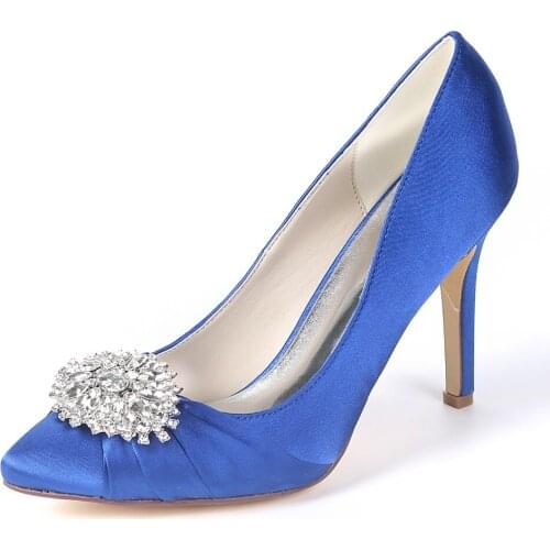 High Heels Satin Wedding Shoes Pointed Toe Slip-on Stiletto Heels Crystals Prom Evening Formal Party Women Dress Pumps