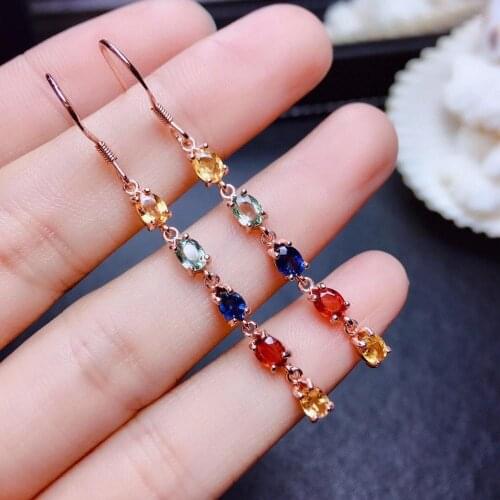Elegant Female Party Jewelry New Fashion 100% Real Natural Sapphire Earring 925 Sterling Silver