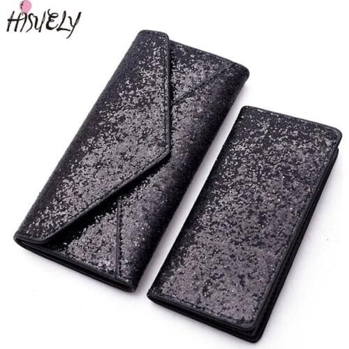 HISUELY 2PCS Upscale Evening Party Small Cluth Wallets Coin Purse Envelope Design Glitter Sequin Leather Women Money Credit Card