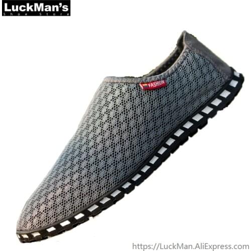 LuckMan Summer Mesh Casual Shoes Slip on Shoes Men Breathable Flat Heel Soft Sole Fashion Solid Color Walking Flats Black Gray