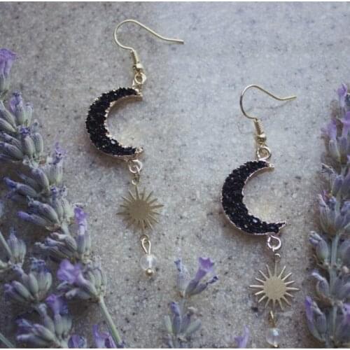 Luna Celestial Star Earrings Black Crystal Quartz Crescent Moon/Sun Earrings