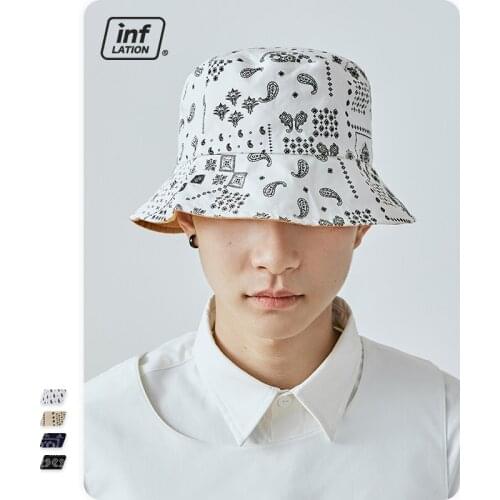 INFLATION Men 100% PU Bucket Hat Double Wear Outdoor Boy Bucket Hat Men Summer Sunhat Streetwear Fashion Men Bucket Hat 258CI20
