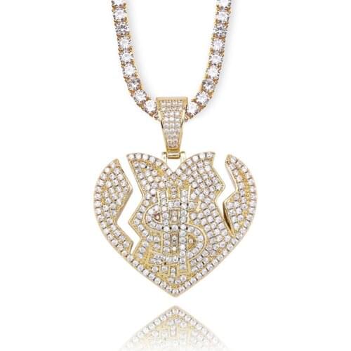 New Heartbroken Dollar Pendant Necklace With Tennis Chain Gold Silver Iced Out Cubic Zirconia Hip Hop Rock Jewelry Bling rap