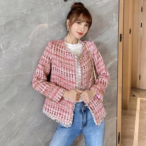 Autumn winter Womens coat Office lady Vintage Woven tweed short jacket Womens elegant tassel Tweed jacket coat women Top