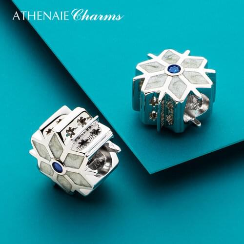 ATHENAIE 925 Sterling Silver Enamel Sparkling Snowflake Charms Pendant fit Bracelet Necklace for Christmas Gift