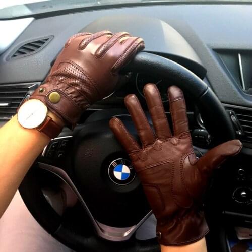 Mens Fall and Summer Genuine Leather Gloves New Fashion Brand Man Black Driving Unlined Gloves Goatskin Mittens Free Shipping