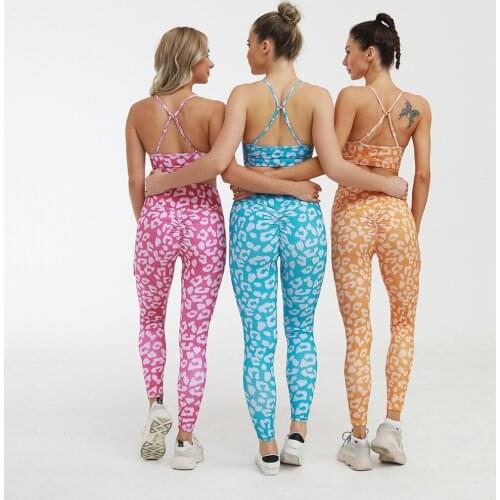 Sexy Backless Gym Clothing Leopard Print Yoga Set High Waist 2 Pcs Set Women Fitness Jumpsuit Yoga Legging Push Up Sport Bra Top
