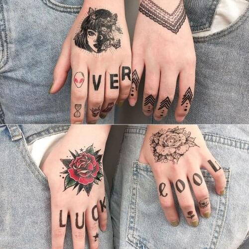 Finger Fake Tattoos Waterproof Temporary Tattoo Black Flower Vintage Totem Letters Body Back Ankle Art Tattoo Stickers Wholesale