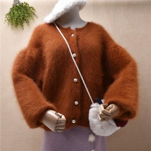 Casual fashion female women hairy mink cashmere knitted long lantern sleeves loose oversized cardigans angora fur jacket coat