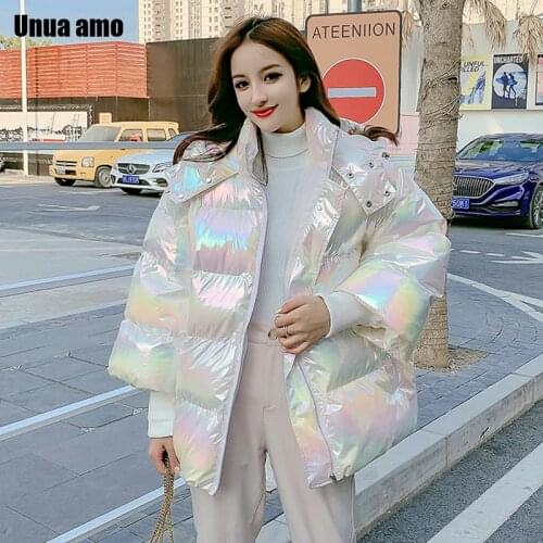 Unua amo Winter Puffer Jacket Women Glossy Waterproof Down Parka 2021 Fashion Plus Size Loose Warm Hooded Down Padded Coat