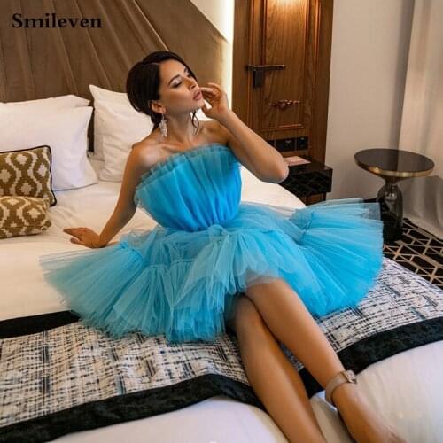 Smileven Pink /Blue A Line Tulle Short Prom Dresses 2021 Scalloped Neck New Design Knee Length Formal Party Gown With Belt