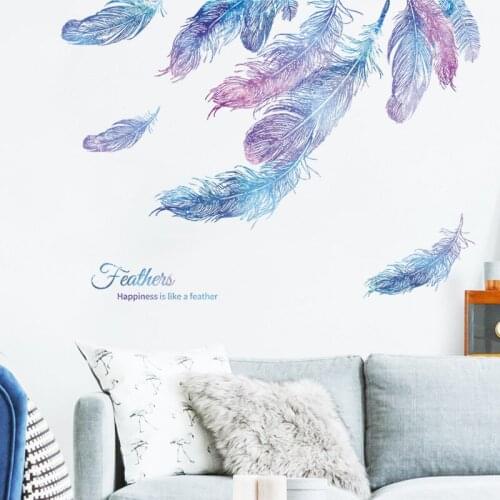 Hand Drawn Watercolor Blue Purple Feathers Wall Stickers for Living Room Bedroom Decorative Wall Decals Removable Kids Room PVC